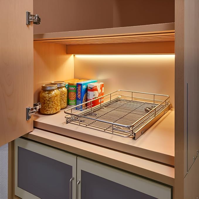 JOWBOOW Pull Out Cabinet Organizer (22.7" W x 21" D), Slide Out Shelves for Kitchen Cabinets, Pull Out Drawers Heavy-Duty Metal Rolling Shelf, Chrome Finish