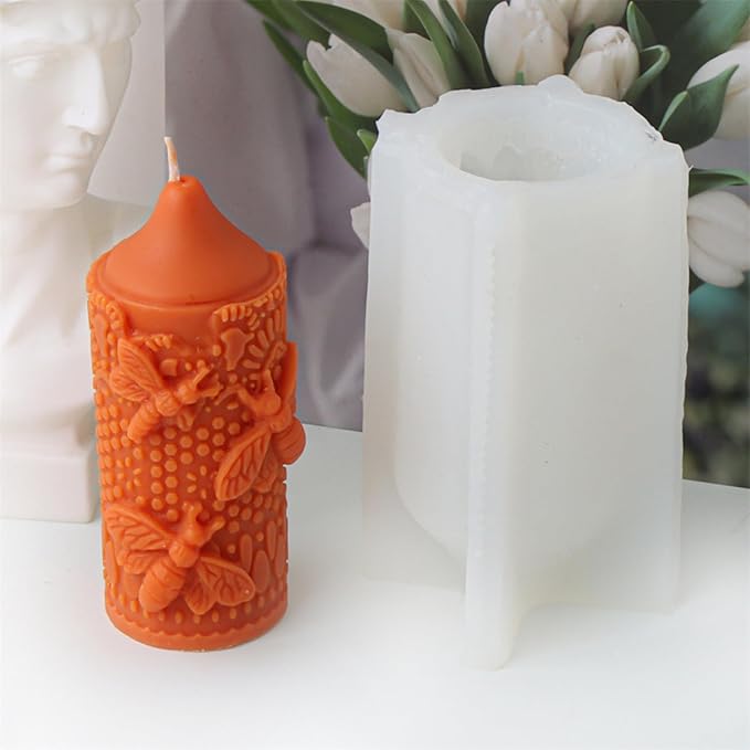 Bee Lace Trim Cylinder Candle Mold, Honeybee Beehive Pillar Silicone Mold for Beeswax Candle, Soy Wax Candle, Plaster Ornament, DIY Crafts (G)