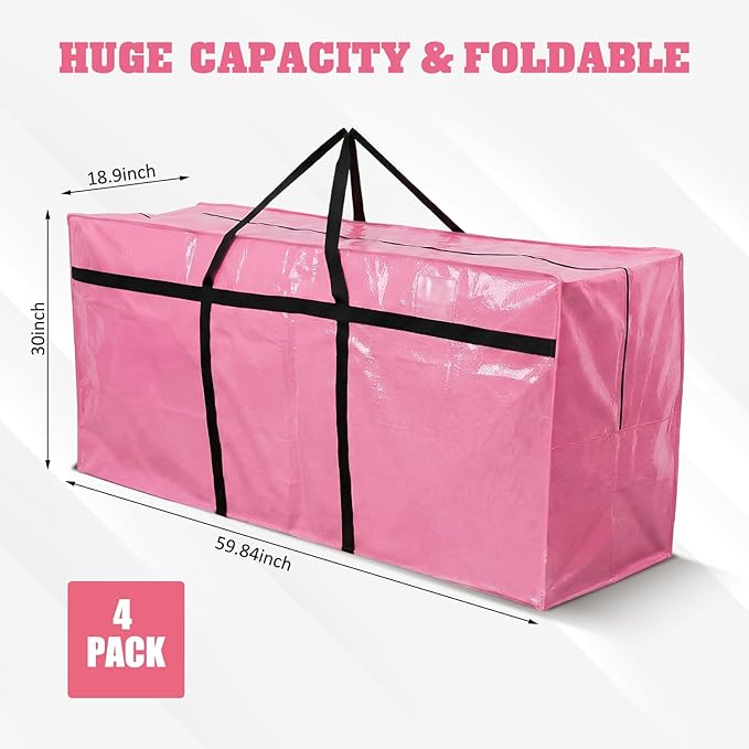 4 Pcs 149 Gallon Extra Large Moving Bags Heavy Duty Storage Bag with Strong Zipper Handle Foldable XXL Jumbo Storage Tote Packing Moving Box for College Dorm Travel Cloth Duffle (Pink)