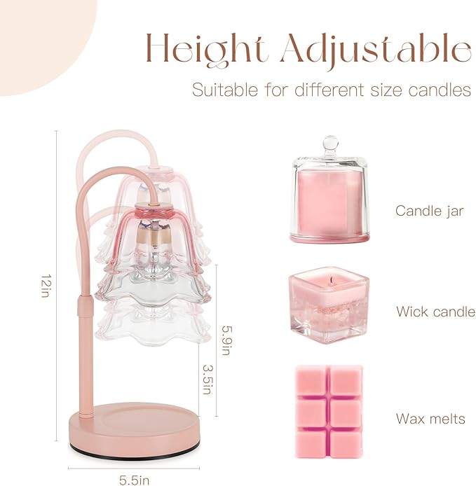 Candeldo Candle Warmer Lamp with Timer: Pink Flower Candle Warming Lamp with 2 Bulbs Height Adjustable Wax Warmer Dimmable Coquette Preppy Room Home Decor Mothers Day Gift for Women