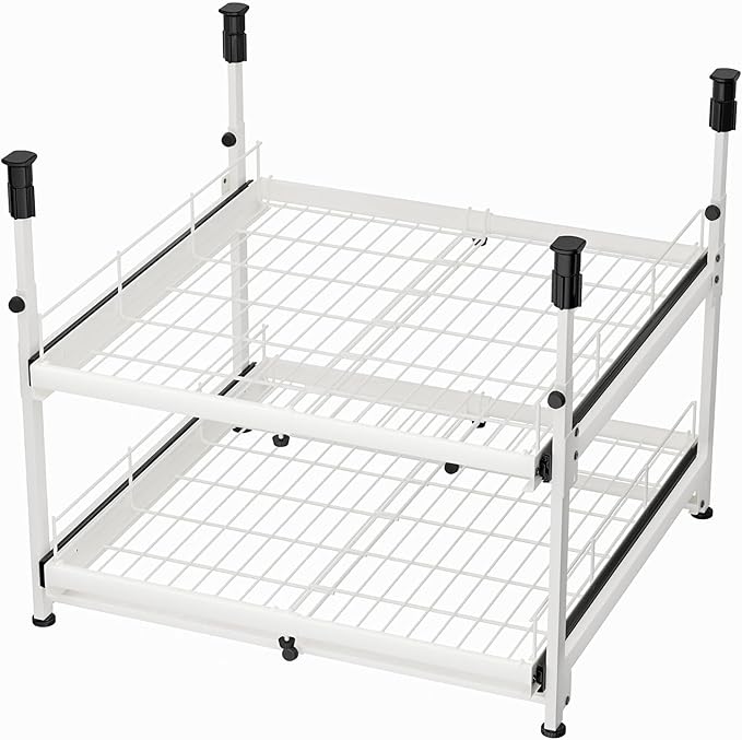 Hisencn Expandable 2-Tier Pull Out Cabinet Organizer, 13"-21" Wide Slide-Out Drawers (White)
