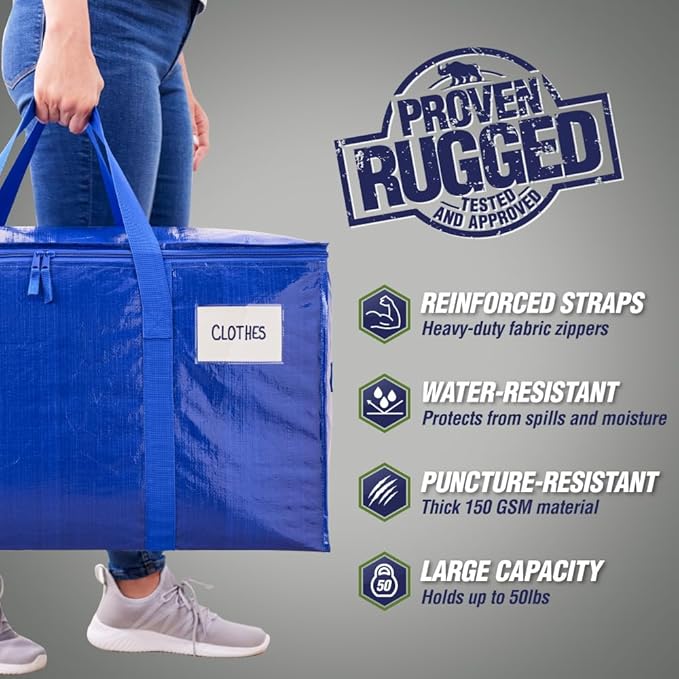 RUGGED RHINO 8 Pack Heavy Duty Extra Large Moving Bags, Durable Bag Strong Handles and Zipper, Moving Boxes Alternative for College Packing, Holiday Décor, Space Saving Storage with Label, Blue/Clear