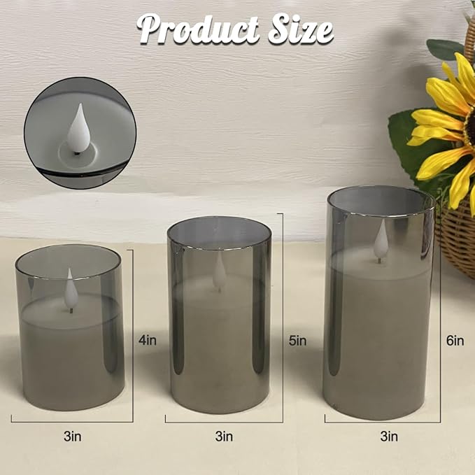 Rechargeable Flameless Candle, Flashing LED Pillar Real Wax Candle with Remote Control and Timer, Upgraded Teardrop Wick, Gray Electronic Candle, 1 Set of 3