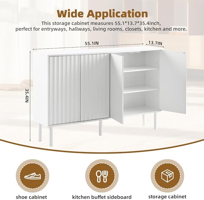 Minimalist Shoe Storage Cabinet with 5 Solid Wood Legs Cream Style Fluted Doors 4-Door Storage Organizer Adjustable Shelves for Living Room