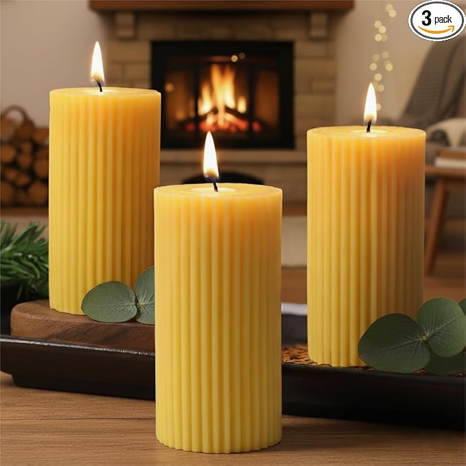 3 Pack Pure Beeswax Pillar Candles Bulk, Organic Ribbed Bees Wax Decorative Candles for Home Decor-1.96x3.85 Inch, Unscented Long Burning Natural Bees Wax Pillar Bulk Aesthetic Candles-105 Hours