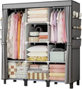 Portable Wardrobe, Easy Hanging Closet 6 Side Pockets Large Capacity Clothes Organizer Comes with 2 Hanging Poles and Shelves, Width 130cm, Depth 45cm, Height 172cm (Grey)