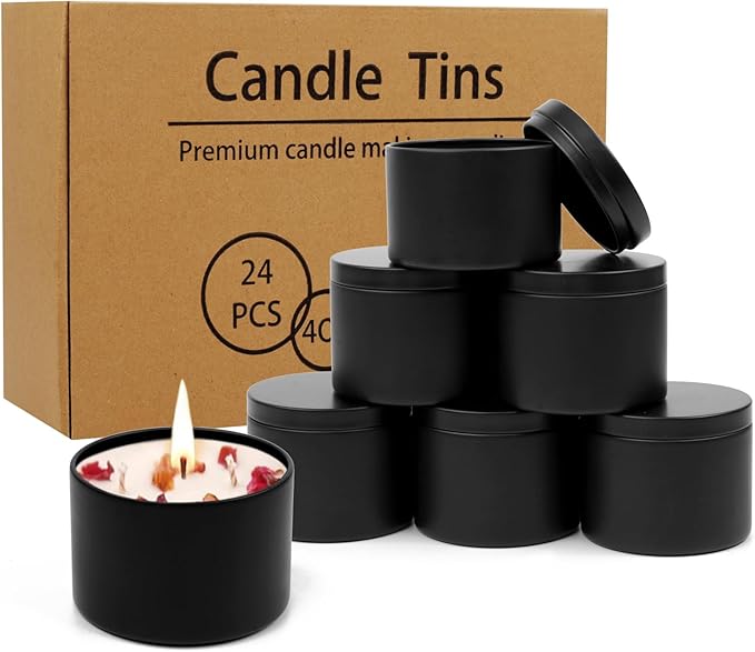 DINGPAI 24 Pcs Black Candle Tins, 4 oz Black Empty Candle Tin with Lids for DIY Candles Making, Matte Full Black Candle Jars for Candle Making, Storage, Christmas Candle Gifts