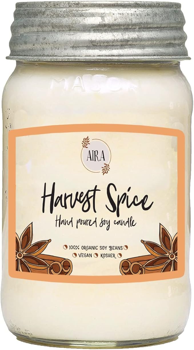 Aira Soy Candles - Organic, Kosher, Vegan, in Mason Jar w/Therapeutic Grade Essential Oils - Hand-Poured 100% Soy Candle - Paraffin Free, Burns 110+ Hours - Fall Candle - Harvest Spice -16 Ounces