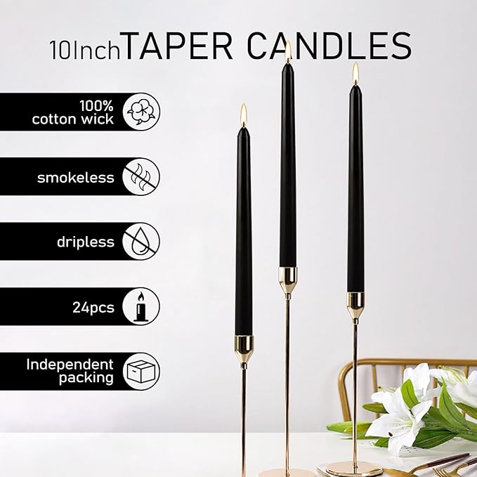 24 Pack Tall Taper candles-10 Inch Black Dripless, Unscented Dinner Candle Sticks, for Shabby, Halloween, Christmas, Wedding, 8 Hours Burn Time.