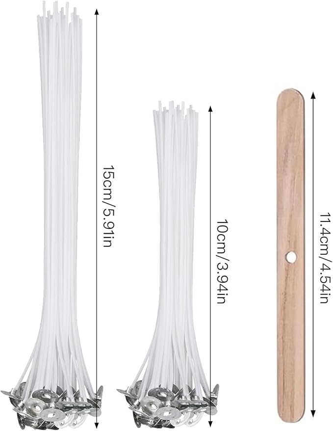 200 PCS Candle Making Kit with Soy Wax – Includes 100pcs 6-Inch and 100pcs 4-Inch Candle Wicks, 100 Wick Stickers, 100 Wick Holders, and 4 Wooden Centering Devices for DIY Candle Making