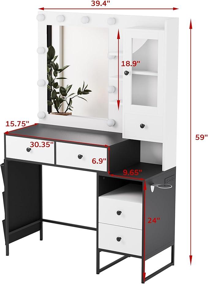 YIKEHOME Makeup Vanity Desk with Mirror and 10 Lights, 3-Colour Hollywood Brighter Bulbs, Vanity Table Set with Large Drawers and and Charging Station for Bedroom Dressing Room White Black