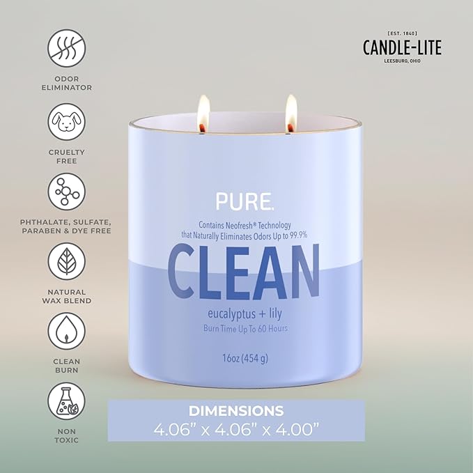 Candle-Lite Pure Eucalyptus & Lily Odor Eliminating Scented Candles, Neofresh Technology Eliminates 99.9% of Odors, 16 oz 2-Wick Jar, Proudly Poured in The USA, Up to 60 Hours Burn Time
