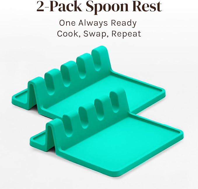 Cooler Kitchen Aqua Green Silicone Spoon Rest for Stove Top with Drip Pad (Two Pack) - Heat-Resistant, BPA-Free Utensil Rest & Spoon Holder for Kitchen Counter - Grill Utensil Holder for Spatulas