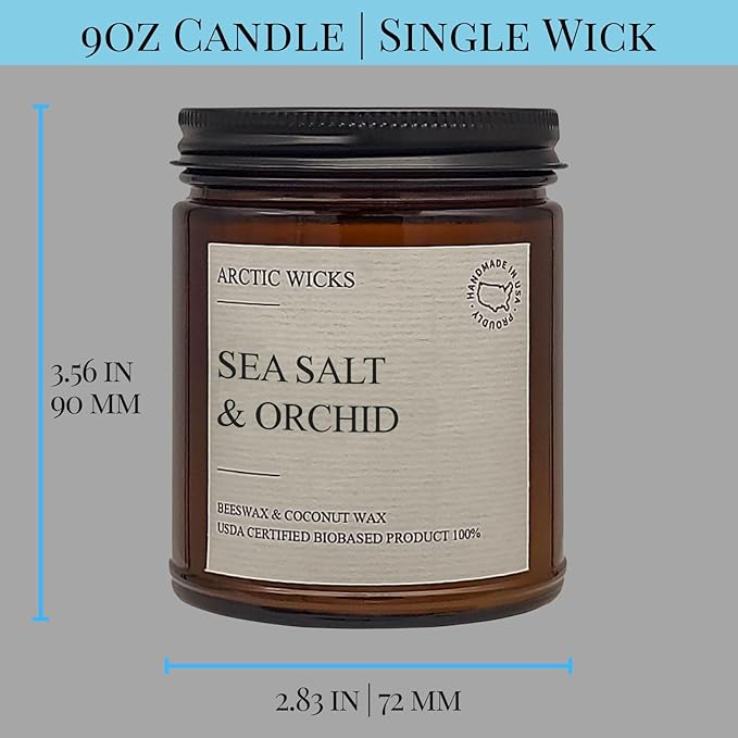 Arctic Wicks Scented Coconut Beeswax Candles | Coconut Beeswax Non Toxic Candle 9oz Amber | Farmhouse Candles Non-Toxic Clean Burn 100% USDA Certified Biobased (Sea Salt & Orchid)