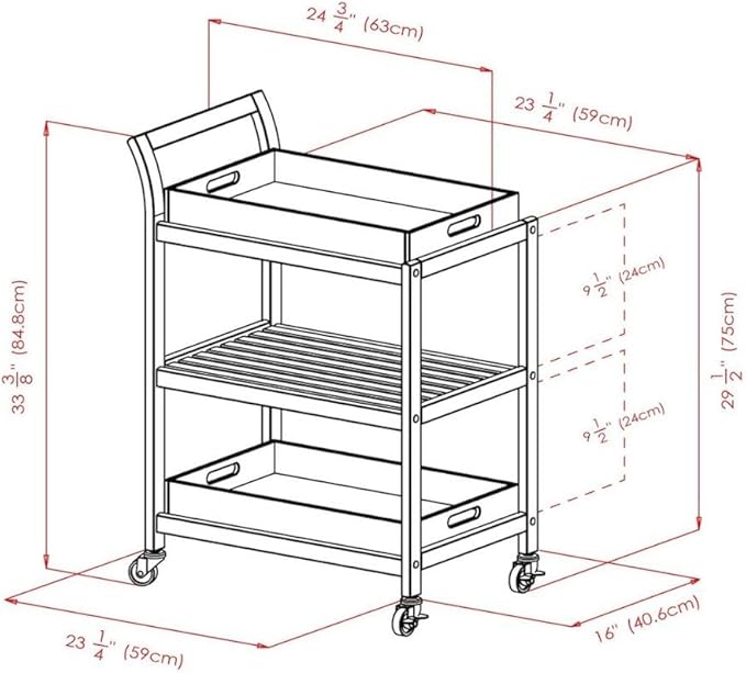 Furnifact Solid Wood Kitchen Cart On Wheels with Two Removable Serving Trays, Slatted Shelf, and Locking Casters, Versatile Bar Cart