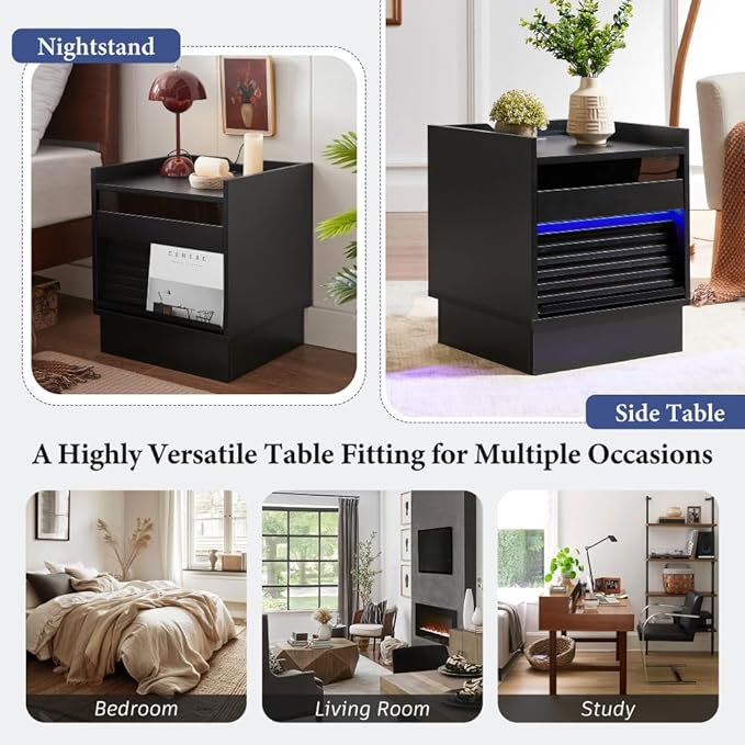 Mid Century Modern Nightstand with Charging Station LED Lights 2 Drawers Bedside Table for Bedroom Living Room (Black)
