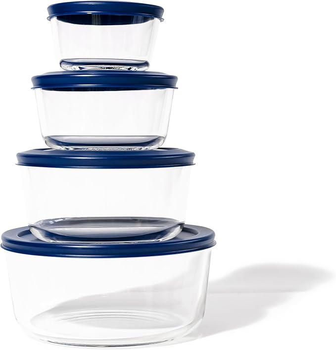 DURA LIVING 8-Piece Glass Food Storage Containers Set (4 Containers + 4 Lids) | Round, Nesting, Microwave & Dishwasher Safe | BPA-Free, Space-Saving | Blue Lids for Pantry & Kitchen Organization