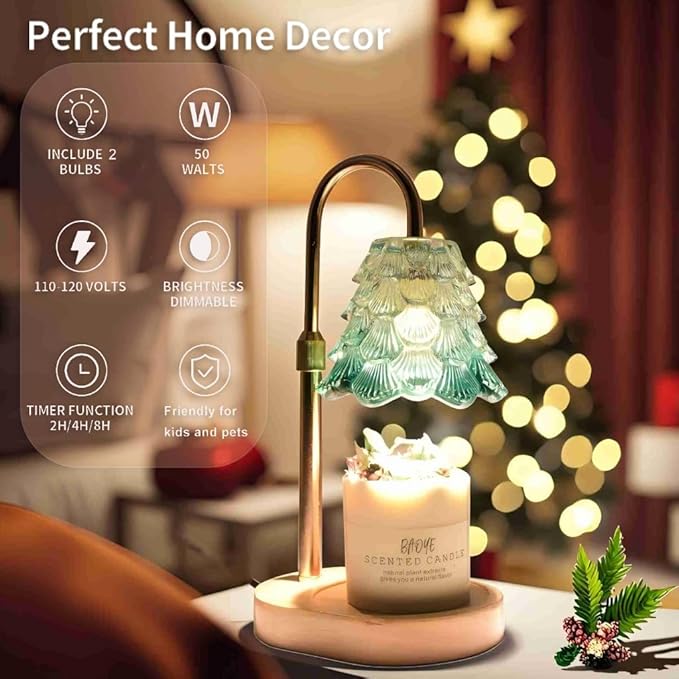 Chritsmas Tree Lampshape Candle Warmer Lamp with Adjustable Height, Aroma Candle Warmer with Timer and Dimmer, Wooden Base Glass Wax Warming Lamp, Women's Gifts (Tree Green)