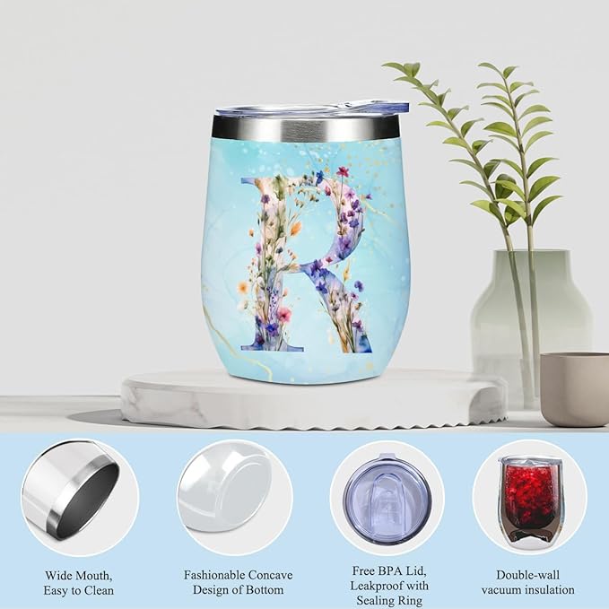 Personalized Gifts Monogrammed Birthday Gifts for Women, Mommy, Female Going Away Farewell Christmas, Initial Wine Tumbler Makeup Bag Scented Candle Bracelet Set, (Aesthetic Blue Flower R)