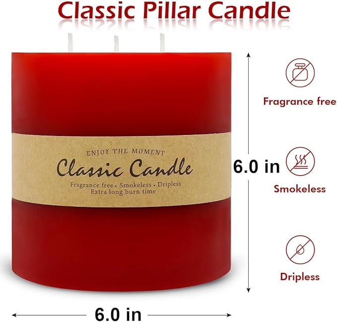 Large 3-Wick Red Pillar Candle - 6x6 Inch Dripless & Smokeless Unscented Fat Candle, 120 Hour Long Burning Hand-Poured Thick Candle with Cotton Wicks