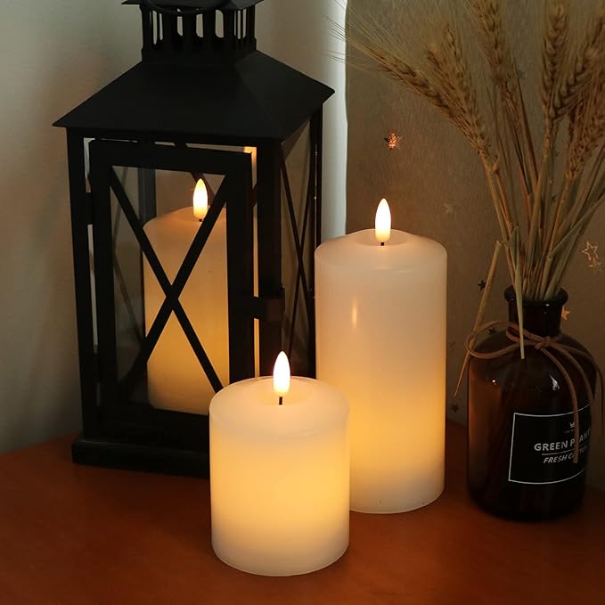 GenSwin 3D Wick Flameless Flickering Candles Battery Operated with Remote Timer, Real Wax Pillar LED Votive Candles Warm Light, Set of 3 Party/Wedding/Home Decor(White, D3” x H4.6” 5.8” 6.8”)