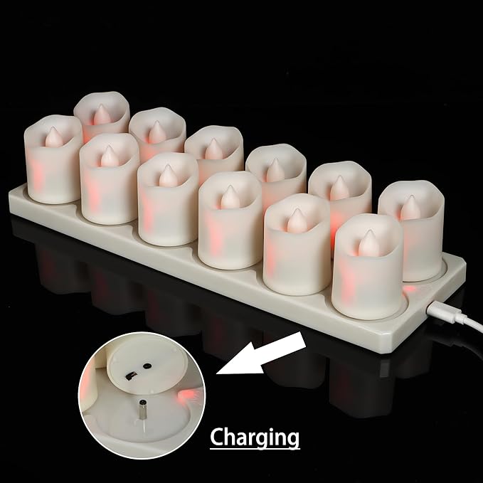 12pcs Rechargeable Flameless Tea Lights RGB with Charging Base and Remote Timer, Color Changing Flickering Electric LED Votive Fake Candles, USB Cable Included