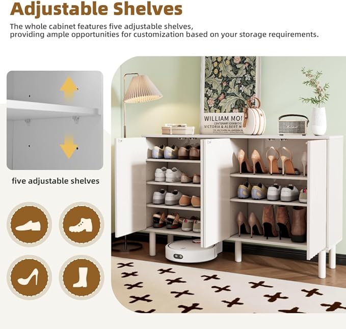 Minimalist Shoe Storage Cabinet with 5 Solid Wood Legs Cream Style Fluted Doors 4-Door Storage Organizer Adjustable Shelves for Living Room
