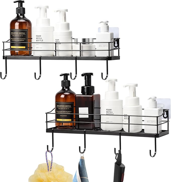 Lyeasw Black Floating Shelves Wall Mounted with 8 Removable Hanging Hooks, 15-Inch Adhesive Shower Shelf Organizer for Bathroom Kitchen Storage Rack, Set of 2