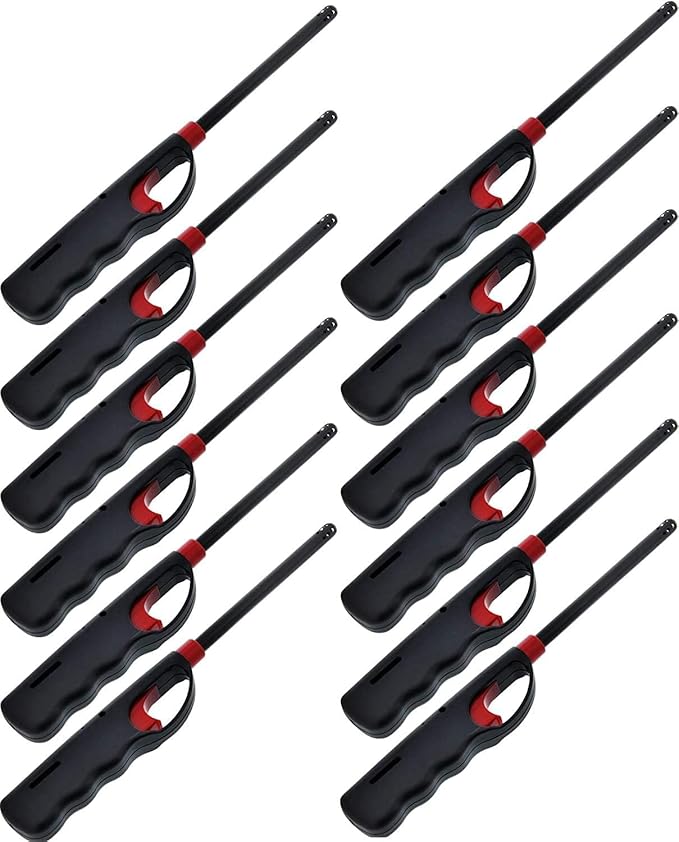 12 Pack - Fuel Included Handi BBQ Grill Click Flame Long Stem Lighter - Refillable Butane Gas Candle Fireplace Kitchen Stove Wind Resistant, Red (12)