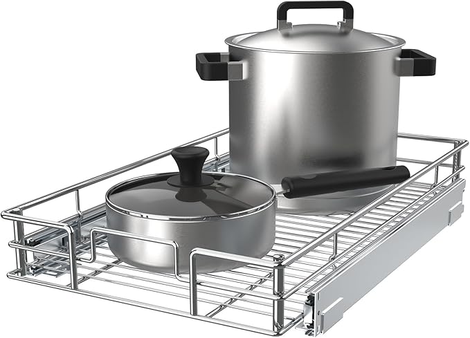Pulloutor Pull Out Cabinet Organizer,Slide Out Kitchen Cabinet Storage Shelf and Drawer Organizer NEED 12" W and 22" D Cabinet, Chrome Finish (11 * 21 in)