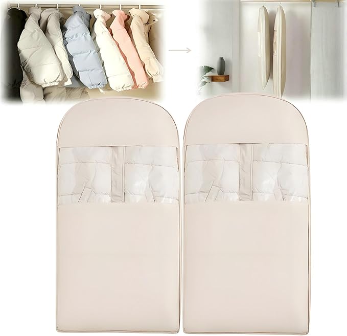 Space Saving Hanging Garment Bag with Self Compression Zipper, 2025 New Space Saver Clothes Storage Organizer, Dust Cover Clothes Bags for Down Coat Suit Dress or Jacket (Beige, L, 2PCS)