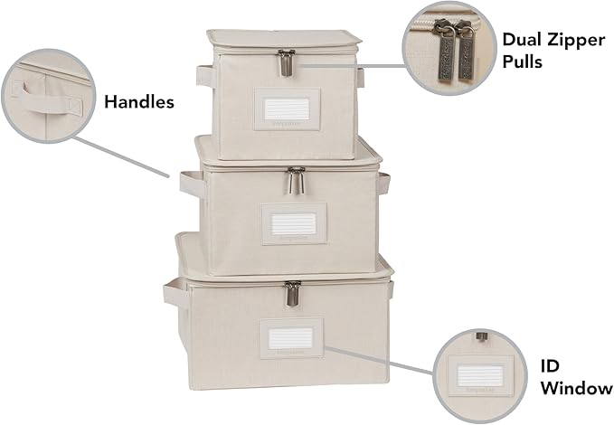 Covermates Dish Storage Box Set – China & Dinner Plate Storage Containers with Felt Dividers, Dual Zippers, Reinforced Handles, ID Window & Stackable Design, Beige Heather