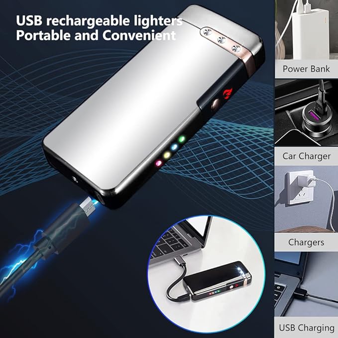 Electric Lighter Rechargeable, RSBYE USB Lighter with LED Battery Indicator Plasma Flame Lighters Windproof Great for Candles, Camping, and Home (Ice Silver)