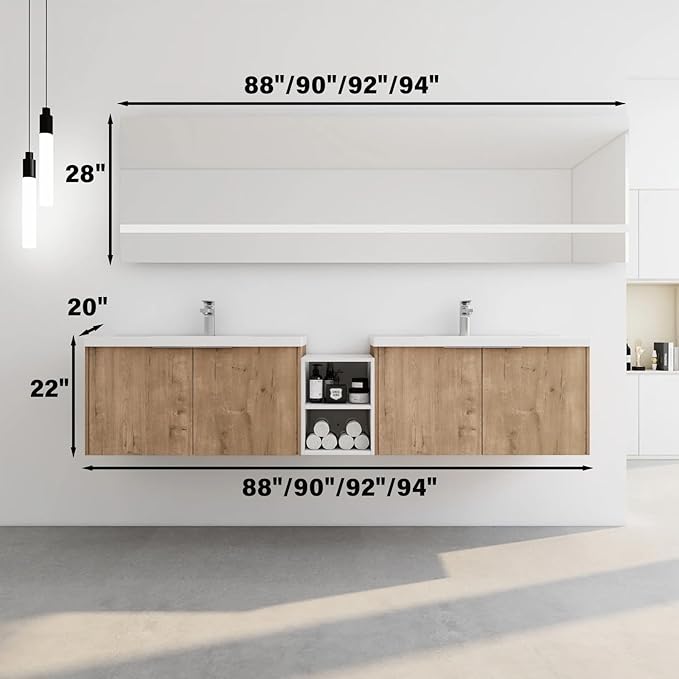 94IN Bathroom Vanity with Double Sink, Modern Solid Wood Floating Bathroom Sink Cabinet, Anti-Fog Mirror, Smart Storage Solutions, Waterproof Design, Open Shelving for Easy Access