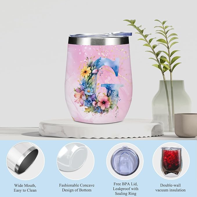 Personalized Gifts Monogrammed Birthday Gifts for Women, Her Employee Housewarming Christmas Initial Wine Tumbler Makeup Bag Scented Candle Bracelet Set, (Aesthetic Pink Flower G)