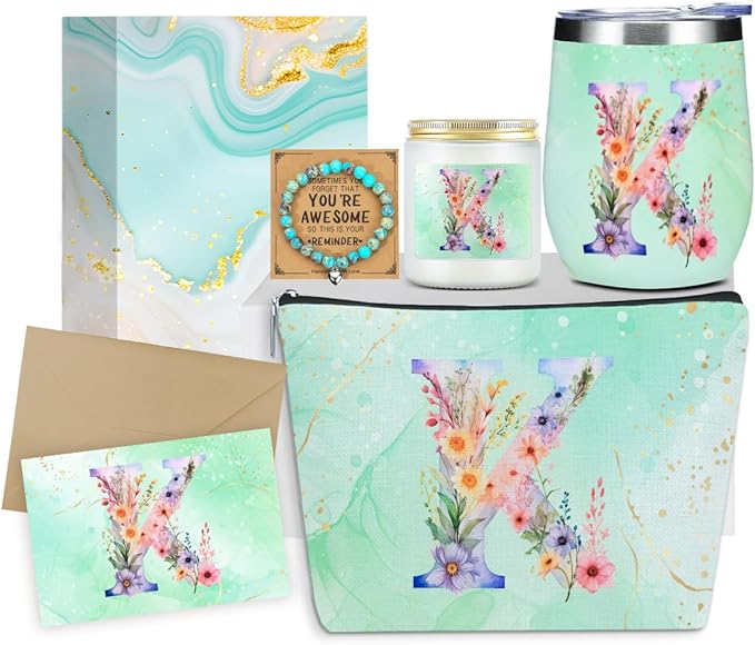 Personalized Gifts Monogrammed Birthday Gifts for Women, Soul Sister Bachelorette Party Wedding Christmas Initial Wine Tumbler Makeup Bag Scented Candle Bracelet Set, (Aesthetic Green Flower K)
