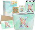 Personalized Gifts Monogrammed Birthday Gifts for Women, Soul Sister Bachelorette Party Wedding Christmas Initial Wine Tumbler Makeup Bag Scented Candle Bracelet Set, (Aesthetic Green Flower K)