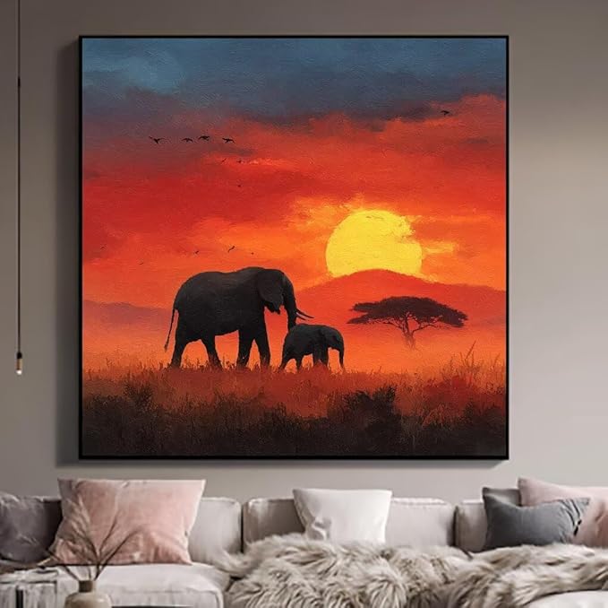 Paint by Numbers Kit for Adults Elephant Paint by Numbers Sunset DIY Crafts for Adults Canvas Paintings Kits, Hobbies for Women Art With Accessories for Home Wall Decor 32x32 Inch Without Frame 0-74T6