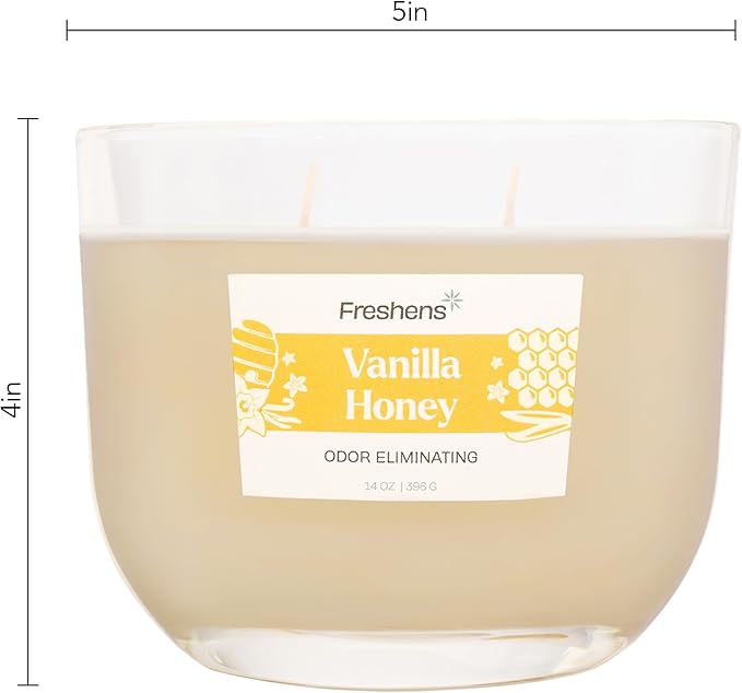 Carolina Freshens Vanilla Honey Odor Eliminating Highly Fragranced Candle for Home Scented, Eliminates 90% of Pet, Smoke, Food and Other Smells Quickly, 2 Wick, 14 oz - Made in The USA
