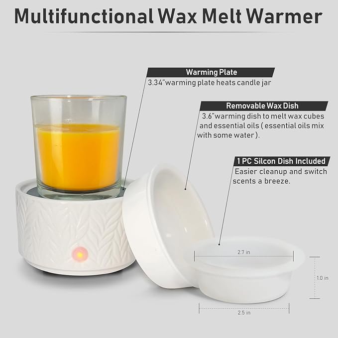 EQUSUPRO Wax Melt Warmer for Scented Wax - with 1 pc Silicone Dish Candle Wax Warmer Ceramic 3-in-1 Electric Wax Burner Fragrance Wax Melter for Home Office Bedroom Gift & Decor