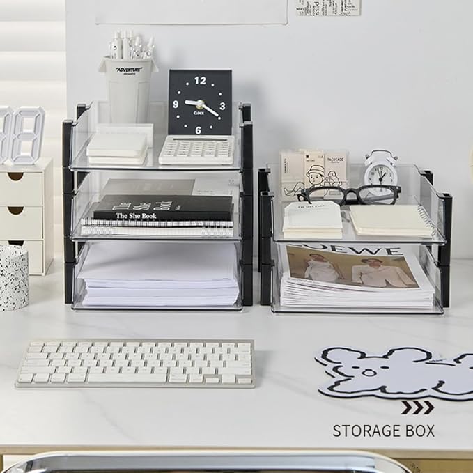 Clear 4-Tier Stackable Paper Tray Organizer for Letter/A4 Files, Desktop Document Sorter, Transparent Office Desk Storage (4 - Tier Clear)