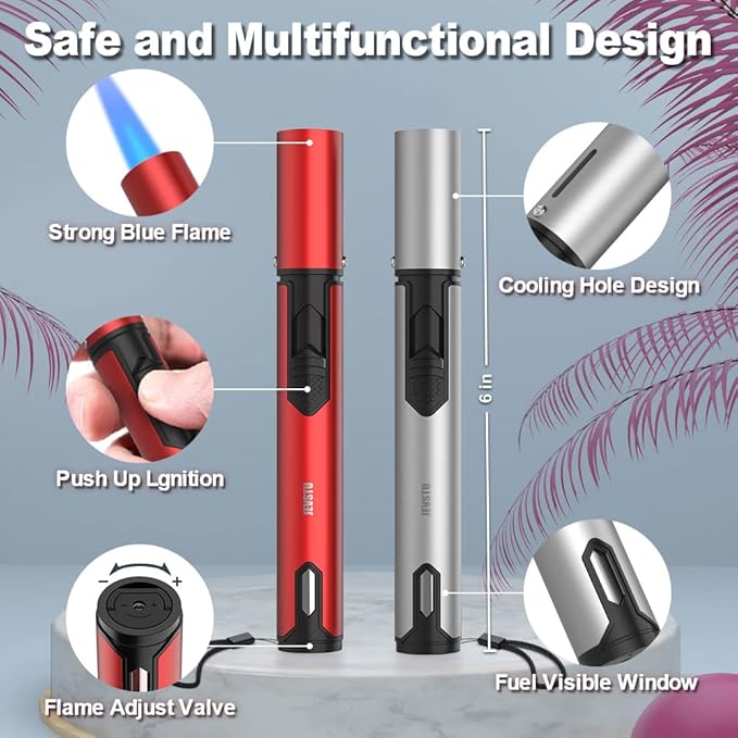 2 Pack Torch Lighter with Fuel Level Window, Adjustable Fire Jet Torch Windproof Lighter Long for Grill Cooking Candle, Red & Silver
