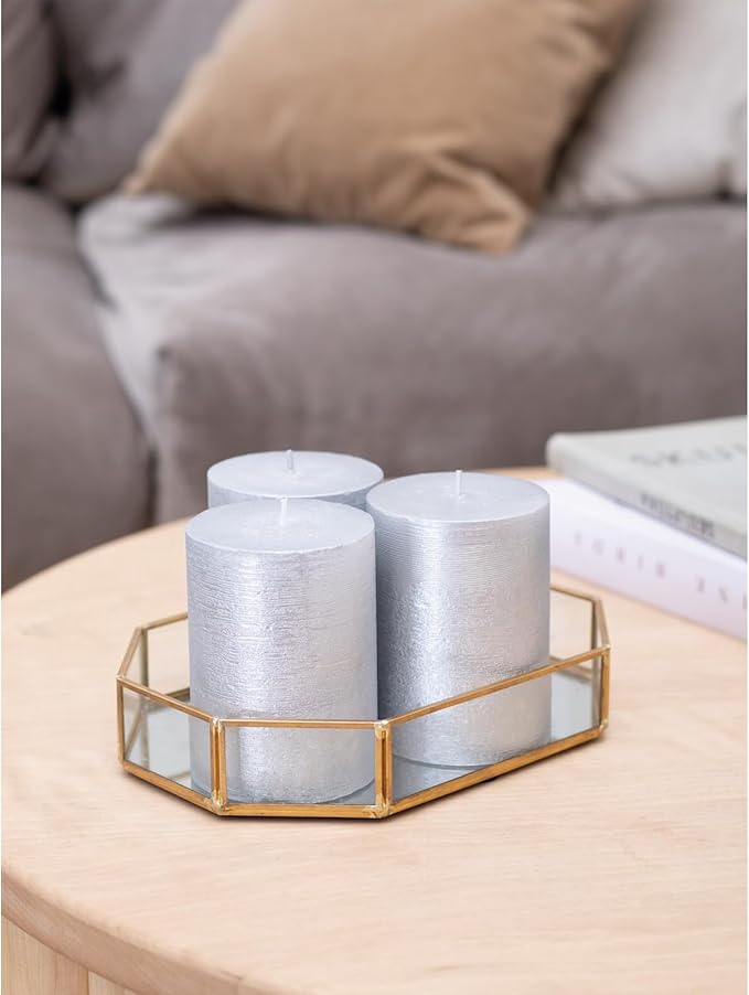 CANDWAX 3x4 inch Pillar Candles Set of 3 – Unscented Dripless Silver Candles for Event Decor, Weddings, Home Use