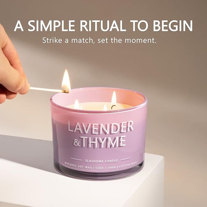 Lavender Thyme Scented Candle, Luxury Large 3 Wick Soy Candle 12 Oz, 60+ Hour Long Lasting Clean Burn, Elegant Aromatherapy Home Decor, Housewarming & Birthday Gift for Men & Women