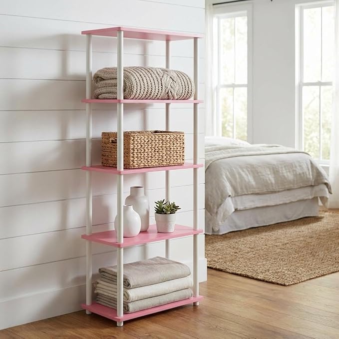 Furnifact Pink White Bookcase, Modern Design, Durable Wood, Compact Storage, Stylish, Functional for Home Office or Living Space