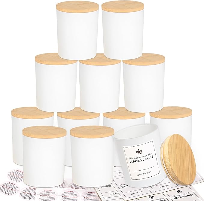 CONNOO 12 Pack 10 OZ White Glass Candle Jars for Making Candles with Airtight Bamboo Lids Nice Sticky Warning Labels for Candle Making Empty Container Bulk - Dishwasher Safe