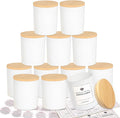 CONNOO 12 Pack 10 OZ White Glass Candle Jars for Making Candles with Airtight Bamboo Lids Nice Sticky Warning Labels for Candle Making Empty Container Bulk - Dishwasher Safe