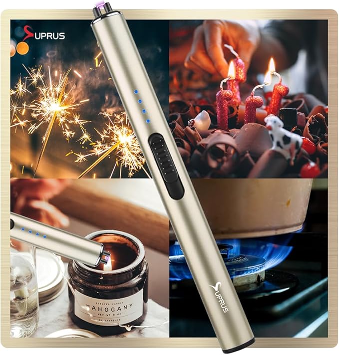 SUPRUS Electric Arc Windproof Flameless USB Rechargeable Lighter with Safety Lock for Candle (Champagne Gold)
