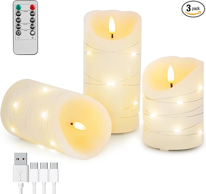 Rechargeable Flameless LED Candles,Flickering Candles with Remote Control & Timer Embedded Fairy String Lights,Real Wax,4" 5" 6" Set of 3 for Valentine's Day,Table Centerpiece Decorations,Home Decor