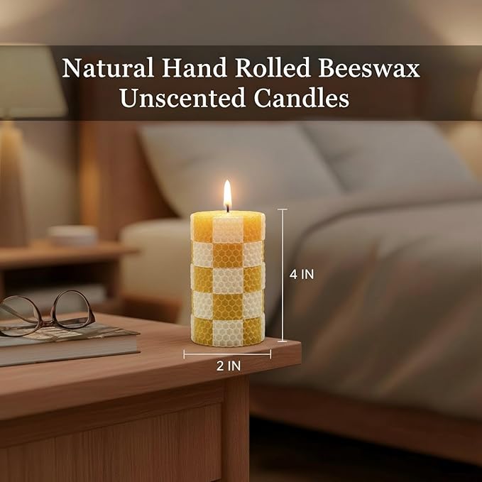 Hand Rolled Beeswax Pillar Candles 2 Packs, Non Toxic Beeswax Candles-70 Hours Long Burning, Organic Emergency Bees Wax Candles for Home, Paryer, Parties, Unscented Dripless Smokeless Candles, 2x4in